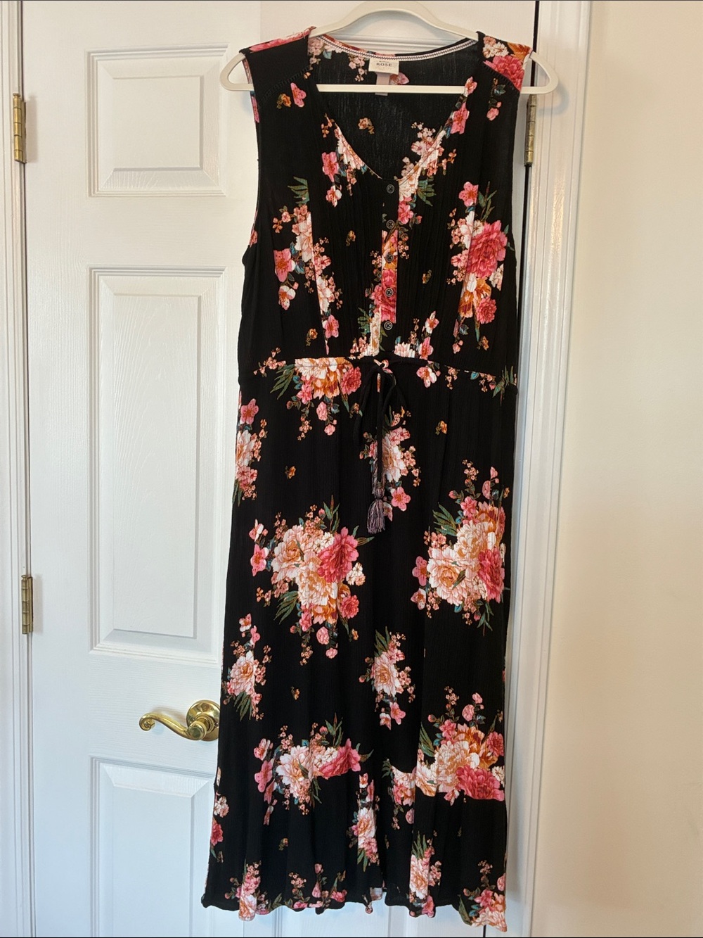 Knox Rose Sleeveless Black Floral Midi Dress with Pink Bouquet Print, sz XL
